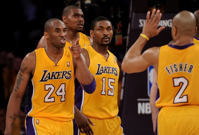 LOS ANGELES, CA - APRIL 20:  Kobe Bryant #24 of the Los Angeles Lakers reacts in the second half while taking on the New Orleans Hornets in Game Two of the Western Conference Quarterfinals in the 2011 NBA Playoffs on April 20, 2011 at Staples Center in Los Angeles, California. NOTE TO USER: User expressly acknowledges and agrees that, by downloading and or using this photograph, User is consenting to the terms and conditions of the Getty Images License Agreement.  (Photo by Harry How/Getty Images)