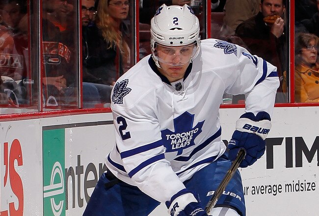 PHILADELPHIA, PA - FEBRUARY 09:  Luke Schenn #2 of the Toronto Maple Leafs skates during an NHL hockey game against the Philadelphia Flyers at Wells Fargo Center on February 9, 2012 in Philadelphia, Pennsylvania.  (Photo by Paul Bereswill/Getty Images)