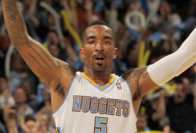 DENVER, CO - APRIL 25:  J.R. Smith #5 of the Denver Nuggets reacts after scoring against the Oklahoma City Thunder in Game Four of the Western Conference Quarterfinals in the 2011 NBA Playoffs on April 24, 2011 at the Pepsi Center in Denver, Colorado. NOTE TO USER: User expressly acknowledges and agrees that, by downloading and or using this photograph, User is consenting to the terms and conditions of the Getty Images License Agreement.  (Photo by Doug Pensinger/Getty Images)