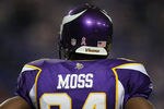 MINNEAPOLIS - OCTOBER 17:  Wide receiver Randy Moss #84 the Minnesota Vikings looks on prior to the start of the game against the Dallas Cowboys at Mall of America Field on October 17, 2010 in Minneapolis, Minnesota.  (Photo by Jeff Gross/Getty Images)