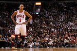 MIAMI, FL - JANUARY 29:  Derrick Rose #1 of the Chicago Bulls looks on during a game against the Miami Heat at American Airlines Arena on January 29, 2012 in Miami, Florida. NOTE TO USER: User expressly acknowledges and agrees that, by downloading and/or using this Photograph, User is consenting to the terms and conditions of the Getty Images License Agreement.  (Photo by Mike Ehrmann/Getty Images)