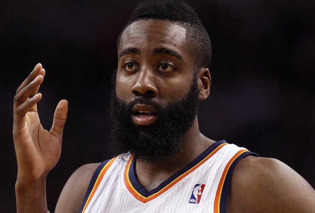 BOSTON, MA - JANUARY 16:  James Harden #13 of the Oklahoma City Thunder looks on in the first quarter against the Boston Celtics on January 16, 2012 at TD Garden in Boston, Massachusetts. NOTE TO USER: User expressly acknowledges and agrees that, by downloading and or using this photograph, User is consenting to the terms and conditions of the Getty Images License Agreement.  (Photo by Elsa/Getty Images)