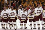 BOSTON - FEBRUARY 12:  Members of the Boston College Eagles watch as the Beanpot trophy is handed to the Boston University Terriers after the Beanpot Tournament Championship Game on February 12, 2007 at TD Banknorth Garden in Boston, Massachusetts. Boston University defeated Boston College 2-1 in overtime. (Photo by Elsa/Getty Images)