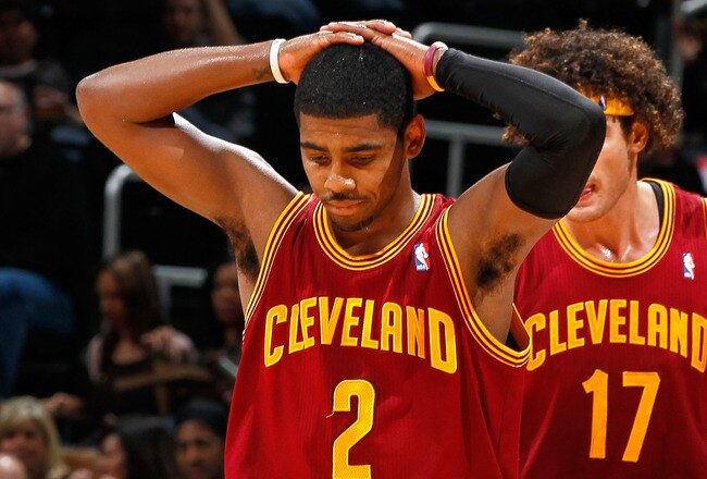 ATLANTA, GA - JANUARY 21:  Kyrie Irving #2 of the Cleveland Cavaliers reacts after a turnover to the Atlanta Hawks at Philips Arena on January 21, 2012 in Atlanta, Georgia.  NOTE TO USER: User expressly acknowledges and agrees that, by downloading and or using this photograph, User is consenting to the terms and conditions of the Getty Images License Agreement.  (Photo by Kevin C. Cox/Getty Images)