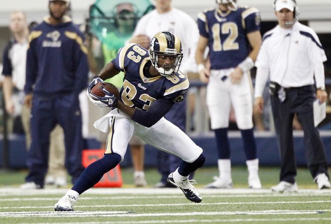 ARLINGTON, TX - OCTOBER 23: Brandon Lloyd #83 of the St. Louis Rams runs against the Dallas Cowboys runs down the field against  at Cowboys Stadium on October 23, 2011 in Arlington, Texas. (Photo by Layne Murdoch/Getty Images)