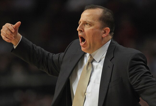 CHICAGO, IL - JANUARY 11:  Head coach Tom Thibodeau of the Chicago Bulls gives instructions to his team during a game against the Washington Wizards at the United Center on January 11, 2012 in Chicago, Illinois. The Bulls defeated the Wizards 78-64. NOTE TO USER: User expressly acknowledges and agrees that, by downloading and or using this photograph, User is consenting to the terms and conditions of the Getty Images License Agreement.  (Photo by Jonathan Daniel/Getty Images)