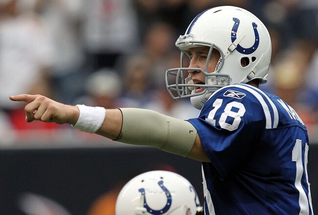 HOUSTON - SEPTEMBER 12:  Quarterback Peyton Manning #18 of the Indianapolis Colts in the NFL season opener against the Houston Texans at Reliant Stadium on September 12, 2010 in Houston, Texas.  (Photo by Ronald Martinez/Getty Images)
