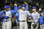 CHICAGO, IL - SEPTEMBER 23: Eric Hosmer #35 of the Kansas City Royals, Mike Moustakas #8 and other teammates celebrate their win over the Chicago White Sox at U. S. Cellular Field on September 23, 2011 in Chicago, Illinois. The Royals defeated the White Sox 11-1.   (Photo by Brian Kersey/Getty Images)
