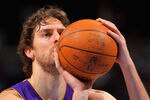 DENVER, CO - FEBRUARY 03:  Pau Gasol #16 of the Los Angeles Lakers takes a free throw against the Denver Nuggets at the Pepsi Center on February 3, 2012 in Denver, Colorado. NOTE TO USER: User expressly acknowledges and agrees that, by downloading and or using this photograph, User is consenting to the terms and conditions of the Getty Images License Agreement.  (Photo by Doug Pensinger/Getty Images)