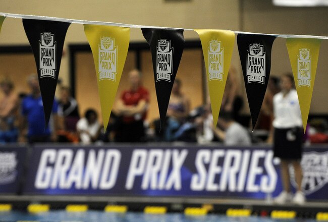 COLUMBIA, M0 - FEBRUARY 12:  Flags and a banner for the Grand Prix Series is displayed during day one of the Missouri Grand Prix on February 12, 2010 at the Mizzou Aquatic Center in Columbia, Missouri. (Photo by G. Newman Lowrance/Getty Images)