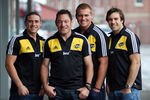 WELLINGTON, NEW ZEALAND - NOVEMBER 02:  L to R, TJ Perenara, coach Mark Hammett, Brad Shields, and Conrad Smith pose during the 2012 Hurricanes Super Rugby squad announcement at BNZ on November 2, 2011 in Wellington, New Zealand.  (Photo by Hagen Hopkins/Getty Images)