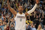 DENVER, CO - APRIL 25:  J.R. Smith #5 of the Denver Nuggets reacts after scoring against the Oklahoma City Thunder in Game Four of the Western Conference Quarterfinals in the 2011 NBA Playoffs on April 24, 2011 at the Pepsi Center in Denver, Colorado. NOTE TO USER: User expressly acknowledges and agrees that, by downloading and or using this photograph, User is consenting to the terms and conditions of the Getty Images License Agreement.  (Photo by Doug Pensinger/Getty Images)