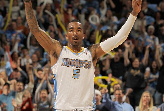 DENVER, CO - APRIL 25:  J.R. Smith #5 of the Denver Nuggets reacts after scoring against the Oklahoma City Thunder in Game Four of the Western Conference Quarterfinals in the 2011 NBA Playoffs on April 24, 2011 at the Pepsi Center in Denver, Colorado. NOTE TO USER: User expressly acknowledges and agrees that, by downloading and or using this photograph, User is consenting to the terms and conditions of the Getty Images License Agreement.  (Photo by Doug Pensinger/Getty Images)