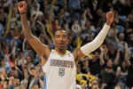 DENVER, CO - APRIL 25:  J.R. Smith #5 of the Denver Nuggets reacts after scoring against the Oklahoma City Thunder in Game Four of the Western Conference Quarterfinals in the 2011 NBA Playoffs on April 24, 2011 at the Pepsi Center in Denver, Colorado. NOTE TO USER: User expressly acknowledges and agrees that, by downloading and or using this photograph, User is consenting to the terms and conditions of the Getty Images License Agreement.  (Photo by Doug Pensinger/Getty Images)