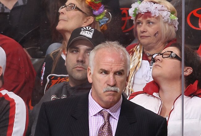 GLENDALE, AZ - FEBRUARY 11:  Head coach Joel Quenneville of the Chicago Blackhawks during the NHL game against the Phoenix Coyotes at Jobing.com Arena on February 11, 2012 in Glendale, Arizona.  The Coyotes defeated the Blackhawks 3-0.  (Photo by Christian Petersen/Getty Images)