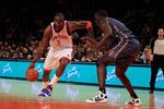 NEW YORK, NY - JANUARY 09:  (L) Amare Stoudemire #1 of the New York Knicks dribbles past (R) DeSagana Diop #7 of the Charlotte Bobcats at Madison Square Garden on January 9, 2012 in New York City. NOTE TO USER: User expressly acknowledges and agrees that, by downloading and or using this photograph, User is consenting to the terms and conditions of the Getty Images License Agreement.  (Photo by Chris Trotman/Getty Images)