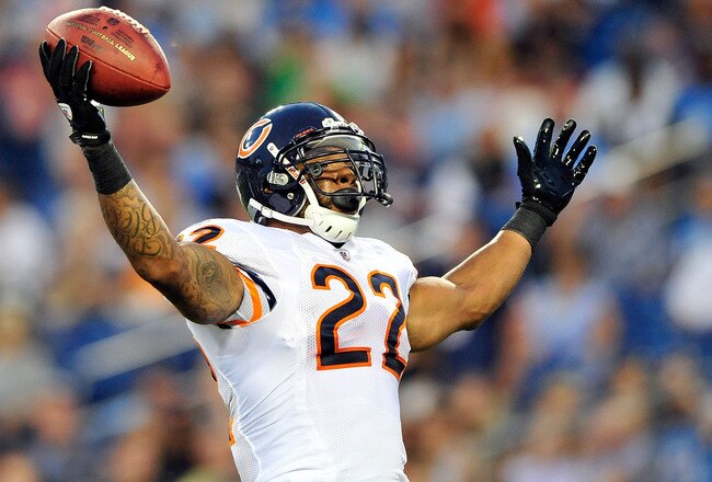 NASHVILLE, TN - AUGUST 27:  Matt Forte #22 of the Chicago Bears celebrates after scoring a touchdown against the Tennessee Titans during a preseason game at LP Field on August 27, 2011 in Nashville, Tennessee.  (Photo by Grant Halverson/Getty Images)