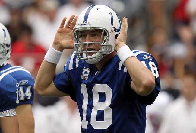 HOUSTON - SEPTEMBER 12:  Quarterback Peyton Manning #18 of the Indianapolis Colts in the NFL season opener against the Houston Texans at Reliant Stadium on September 12, 2010 in Houston, Texas.  (Photo by Ronald Martinez/Getty Images)