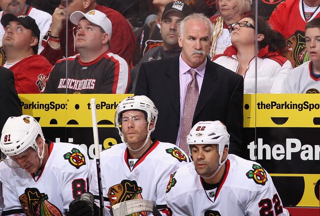 GLENDALE, AZ - FEBRUARY 11:  Head coach Joel Quenneville of the Chicago Blackhawks during the NHL game against the Phoenix Coyotes at Jobing.com Arena on February 11, 2012 in Glendale, Arizona.  The Coyotes defeated the Blackhawks 3-0.  (Photo by Christian Petersen/Getty Images)
