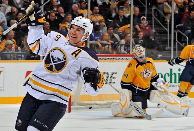 NASHVILLE, TN - DECEMBER 03: Derek Roy #9 of the Buffalo Sabres celebrates the game wining goal against Anders Lindback #39 of the Nashville Predators at the Bridgestone Arena on December 3, 2011 in Nashville, Tennessee.  (Photo by Frederick Breedon/Getty Images)
