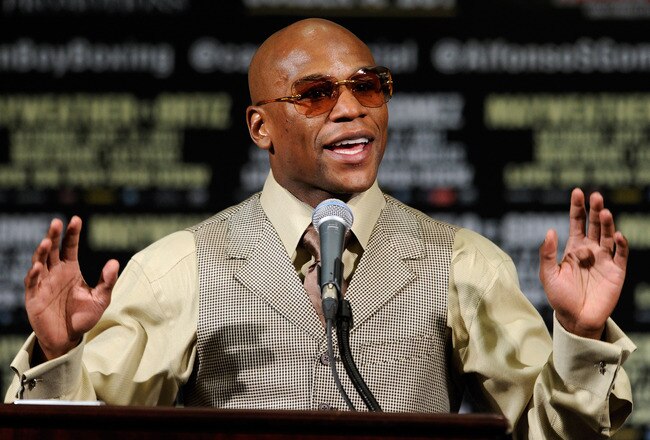 LAS VEGAS, NV - SEPTEMBER 17:  Boxer Floyd Mayweather Jr. speaks at a post-fight news conference after he defeated Victor Ortiz to win the WBC welterweight title at the MGM Grand Garden Arena September 17, 2011 in Las Vegas, Nevada.  (Photo by Ethan Miller/Getty Images)