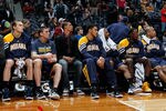 ATLANTA, GA - FEBRUARY 08:  The Indiana Pacers bench looks in the final seconds of their 97-87 loss to the Atlanta Hawks at Philips Arena on February 8, 2012 in Atlanta, Georgia.  NOTE TO USER: User expressly acknowledges and agrees that, by downloading and or using this photograph, User is consenting to the terms and conditions of the Getty Images License Agreement.  (Photo by Kevin C. Cox/Getty Images)