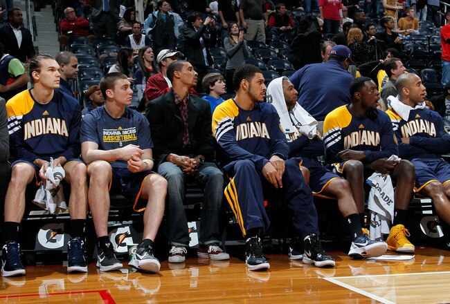 ATLANTA, GA - FEBRUARY 08:  The Indiana Pacers bench looks in the final seconds of their 97-87 loss to the Atlanta Hawks at Philips Arena on February 8, 2012 in Atlanta, Georgia.  NOTE TO USER: User expressly acknowledges and agrees that, by downloading and or using this photograph, User is consenting to the terms and conditions of the Getty Images License Agreement.  (Photo by Kevin C. Cox/Getty Images)