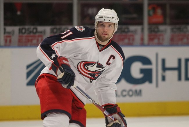 NEW YORK - NOVEMBER 23:  Rick Nash #61 of the Columbus Blue Jackets skates against the New York Rangers at Madison Square Garden on November 23, 2009 in New York, New York. The Rangers defeated the Blue Jackets 7-4.  (Photo by Bruce Bennett/Getty Images)