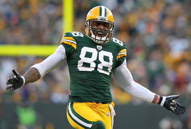 GREEN BAY, WI - JANUARY 15:   Jermichael Finley #88 of the Green Bay Packers reacts after a play against the New York Giants during their NFC Divisional playoff game at Lambeau Field on January 15, 2012 in Green Bay, Wisconsin.  (Photo by Jamie Squire/Getty Images)