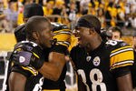 PITTSBURGH - AUGUST 14: Antonio Brown #84 of the Pittsburgh Steelers celebrates with teammates Emmanuel Sanders #88 and Brandon London #15 after scoring on a 64 yard touchdown pass of the Detroit Lions during the preseason game on August 14, 2010 at Heinz Field in Pittsburgh, Pennsylvania. (Photo by Jared Wickerham/Getty Images)