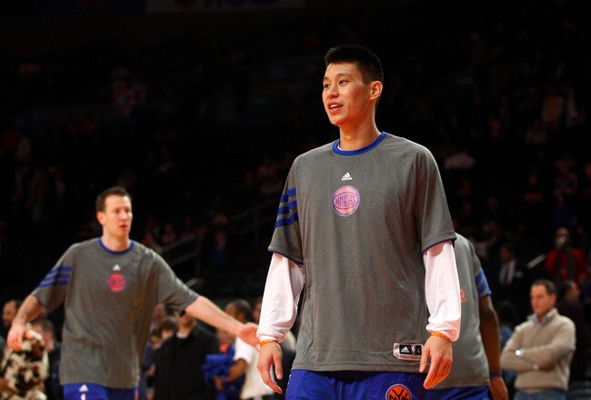 NEW YORK, NY - FEBRUARY 10:  Jeremy Lin #17 of the New York Knicks looks on during warm ups against the Los Angeles Lakers at Madison Square Garden on February 10, 2012 in New York City.  NOTE TO USER: User expressly acknowledges and agrees that, by downloading and or using this photograph, User is consenting to the terms and conditions of the Getty Images License Agreement.  (Photo by Chris Chambers/Getty Images)