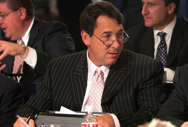 NEW YORK - JULY 22:  General Manager Mike Milbury (L) of the New York Islanders and Assistant GM Don Maloney of the New York Rangers chat during the NHL draft lottery at the Sheraton New York Hotel and Towers on July 22, 2005 in New York City.  (Photo by Bruce Bennett/Getty Images for NHLI)