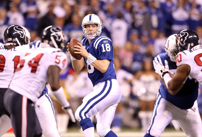 INDIANAPOLIS - NOVEMBER 01:  Peyton Manning #18 of Indianapolis Colts throws a pass during the NFL game against the Houston Texans  at Lucas Oil Stadium on November 1, 2010 in Indianapolis, Indiana.  (Photo by Andy Lyons/Getty Images)