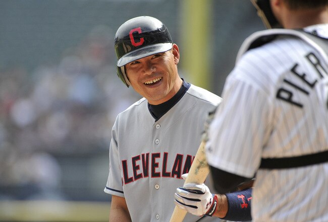CHICAGO, IL - SEPTEMBER 10:  Kosuke Fukudome #1 of the Cleveland Indians smiles as he talks with catcher A. J. Pierzynski #12 of the Chicago White Sox during the first inning at U.S. Cellular Field on September 10, 2011 in Chicago, Illinois. The White Sox defeated the Indians 7-3 in 10 innings.  (Photo by Brian Kersey/Getty Images)