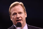 INDIANAPOLIS, IN - FEBRUARY 05:  Commissioner of the National Football League Roger Goodell talks during the trophy presentation after Super Bowl XLVI at Lucas Oil Stadium on February 5, 2012 in Indianapolis, Indiana.  (Photo by Elsa/Getty Images)