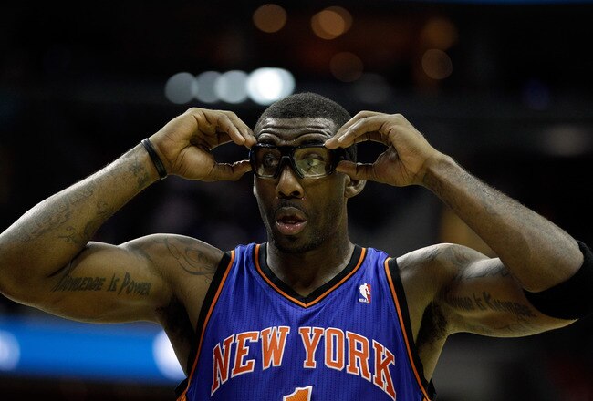 WASHINGTON, DC - JANUARY 06:  Amare Stoudemire #1 of the New York Knicks adjusts his goggles during the second half against the Washington Wizards at Verizon Center on January 6, 2012 in Washington, DC.  NOTE TO USER: User expressly acknowledges and agrees that, by downloading and or using this photograph, User is consenting to the terms and conditions of the Getty Images License Agreement.  (Photo by Rob Carr/Getty Images)