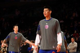 NEW YORK, NY - FEBRUARY 10:  Jeremy Lin #17 of the New York Knicks looks on during warm ups against the Los Angeles Lakers at Madison Square Garden on February 10, 2012 in New York City.  NOTE TO USER: User expressly acknowledges and agrees that, by downloading and or using this photograph, User is consenting to the terms and conditions of the Getty Images License Agreement.  (Photo by Chris Chambers/Getty Images)