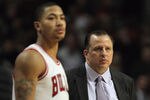 CHICAGO, IL - JANUARY 23: Head coach Tom Thibodeau of the Chicago Bulls watches with Derrick Rose #1 during a game against the New Jersey Nets at the United Center on January 23, 2012 in Chicago, Illinois. The Bulls defeated the Nets 110-95. NOTE TO USER: User expressly acknowledges and agrees that, by downloading and or using this photograph, User is consenting to the terms and conditions of the Getty Images License Agreement. (Photo by Jonathan Daniel/Getty Images)