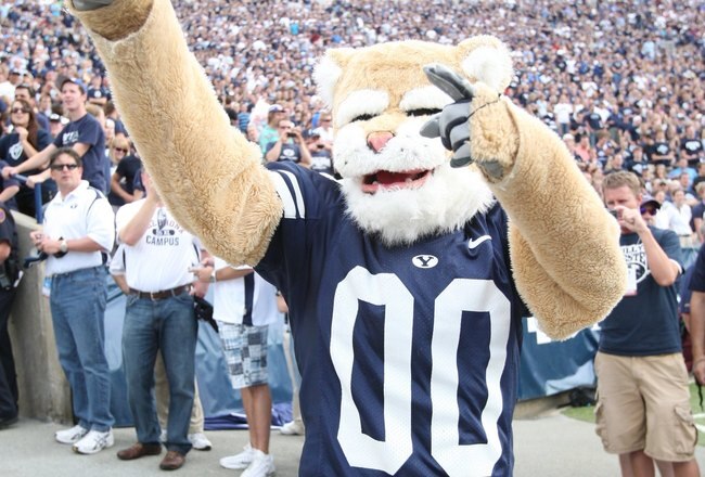 PROVO, UT - SEPTEMBER 19:  Cosmo the mascot of Brigham Young University Cougars gets the fans going before the game against the Florida State Seminoles at La Vell Edwards Stadium on September 19, 2009 in Provo, Utah.  (Photo by Melissa Majchrzak via Getty Images)