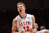 CHAMPAIGN, IL - JANUARY 10: Meyers Leonard #12 of the Illinois Fighting Illini celebrates late in the game against the Ohio State Buckeyes at Assembly Hall on January 10, 2012 in Champaign, Illinois. The Illini defeated the Buckeyes 79-74. (Photo by Joe Robbins/Getty Images)