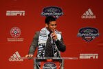 KANSAS CITY, MO - JANUARY 12:  Number 16 overall pick, Dom Dwyer, selected by Sporting Kansas City, talks to the media during the first round of the 2012 MLS SuperDraft presented by Adidas on January 12, 2012 at Kansas City Convention Center in Kansas City, Missouri.  (Photo by Jamie Squire/Getty Images)
