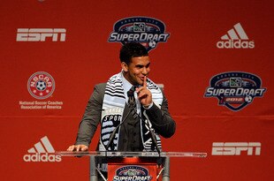KANSAS CITY, MO - JANUARY 12:  Number 16 overall pick, Dom Dwyer, selected by Sporting Kansas City, talks to the media during the first round of the 2012 MLS SuperDraft presented by Adidas on January 12, 2012 at Kansas City Convention Center in Kansas City, Missouri.  (Photo by Jamie Squire/Getty Images)