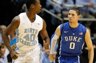 CHAPEL HILL, NC - FEBRUARY 08:  Harrison Barnes #40 of the North Carolina Tar Heels and Austin Rivers #0 of the Duke Blue Devils during their game at the Dean Smith Center on February 8, 2012 in Chapel Hill, North Carolina.  (Photo by Streeter Lecka/Getty Images)