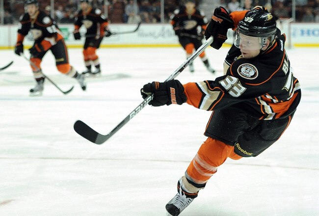 ANAHEIM, CA - FEBRUARY 03:  Jason Blake #33 of the Anaheim Ducks takes a shot during the game against the Columbus Blue Jackets at Honda Center on February 3, 2012 in Anaheim, California.  (Photo by Harry How/Getty Images)