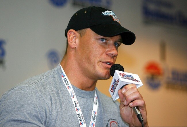 CONCORD, NC - MAY 27:  Professional wrestler John Cena, speaks to members of the media during a press conference, prior to the NASCAR Nextel Cup Series Coca-Cola 600 on May 27, 2007 at Lowe's Motor Speedway in Concord, North Carolina.  Cena was there to talk about taking part in the TV show ?Fast Cars and Super Stars: Gillette Young Guns Celebrity Race.?  (Photo by Rusty Jarrett/Getty Images for NASCAR)