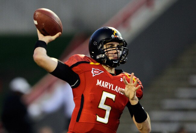 COLLEGE PARK, MD - OCTOBER 15:  Quarterback Danny O'Brien #5 of the Maryland Terrapins warms up before the start of their game against the Clemson Tigers at Byrd Stadium on October 15, 2011 in College Park, Maryland. The Clemson won 56-45.  (Photo by Rob Carr/Getty Images)