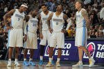 DENVER, CO - APRIL 25:  Al Harrington #7, Raymond Felton #20, Wilson Chandler, J.R. Smith #5 and Chris Andersen #11 of the Denver Nuggets look on as they face the Oklahoma City Thunder in Game Four of the Western Conference Quarterfinals in the 2011 NBA Playoffs on April 24, 2011 at the Pepsi Center in Denver, Colorado. NOTE TO USER: User expressly acknowledges and agrees that, by downloading and or using this photograph, User is consenting to the terms and conditions of the Getty Images License Agreement.  (Photo by Doug Pensinger/Getty Images)