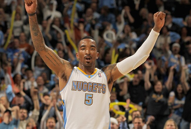 DENVER, CO - APRIL 25:  J.R. Smith #5 of the Denver Nuggets reacts after scoring against the Oklahoma City Thunder in Game Four of the Western Conference Quarterfinals in the 2011 NBA Playoffs on April 24, 2011 at the Pepsi Center in Denver, Colorado. NOTE TO USER: User expressly acknowledges and agrees that, by downloading and or using this photograph, User is consenting to the terms and conditions of the Getty Images License Agreement.  (Photo by Doug Pensinger/Getty Images)