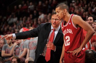 COLUMBUS, OH - JANUARY 15:  Head Coach Tom Crean of the Indiana Hoosiers gives instructions to Verdell Jones III #12 of the Indiana Hoosiers during a game against the Ohio State Buckeyes on January 15, 2012 at Value City Arena in Columbus, Ohio.  (Photo by Jamie Sabau/Getty Images)