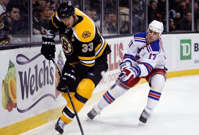 BOSTON - JANUARY 09:   Brandon Dubinsky #17 of the New York Rangers tries to get the puck from Zdeno Chara #33 of  the Boston Bruins on January 9, 2010 at the TD Garden in Boston, Massachusetts. The Rangers defeated the Bruins 3-1.  (Photo by Elsa/Getty Images)